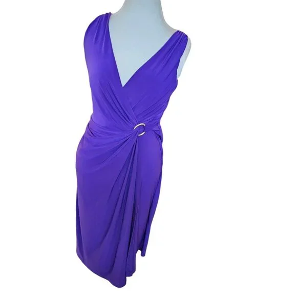 Y2K Lauren Ralph Lauren Sz 4 Purple Jersey Faux Wrap Dress Sleeveless Below Knee - Picture 2 of 13